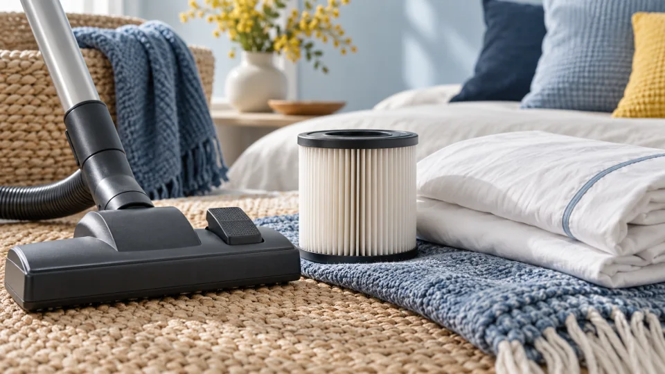 A vacuum head, pleated filter and folded white bedding on blue and natural woven textiles.