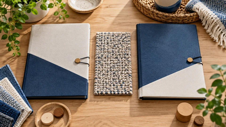 Two closed navy-and-ivory folders with wooden counters and a carpet sample between them.