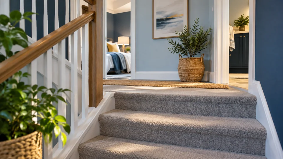 Carpeted stairs leading to a landing with two doorways in a blue-and-white home interior.