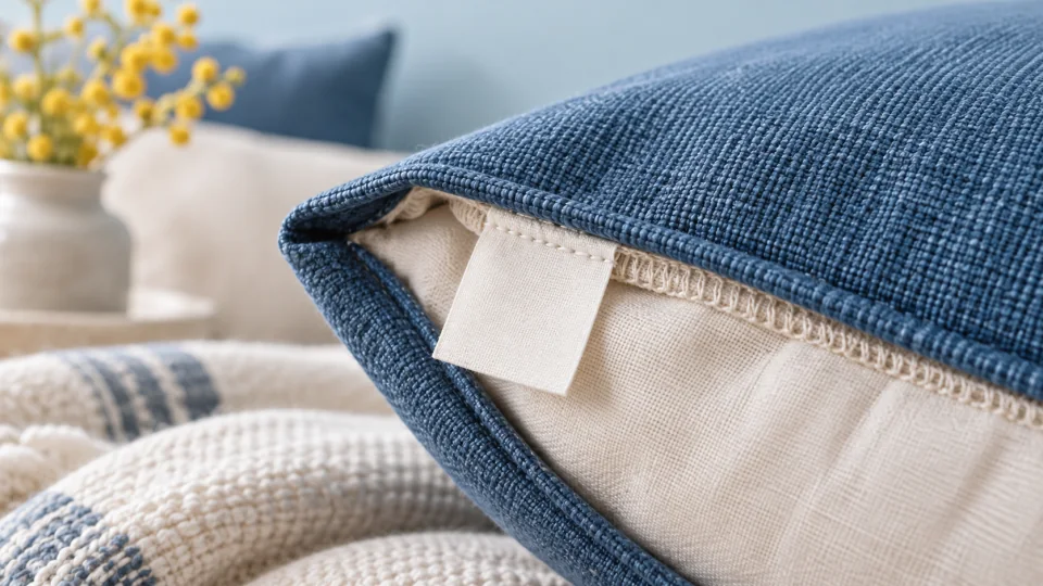 A turned blue cushion corner showing its stitching and a plain sewn-in fabric tag.