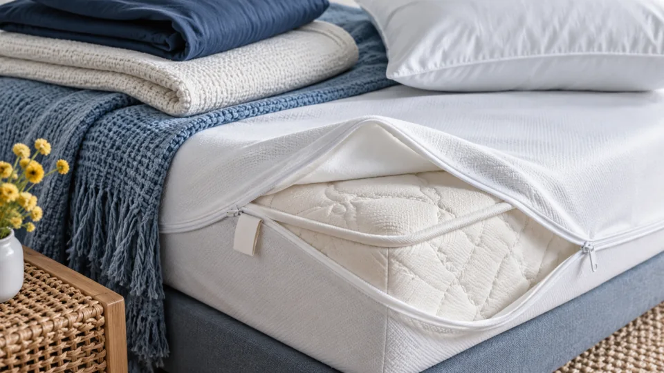 A mattress corner with an unzipped white cover, a plain tag and folded blue-and-white bedding.