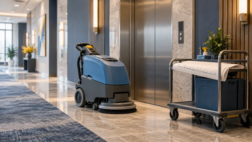 A wheeled floor-cleaning machine and a trolley with a folded plan beside closed lift doors.