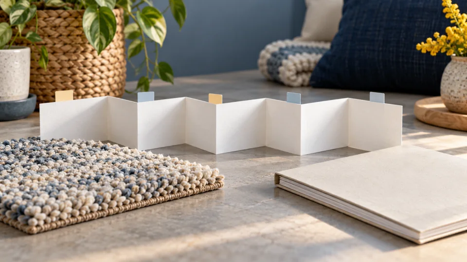 An accordion-folded blank paper strip with coloured tabs beside a carpet sample and plain booklet.