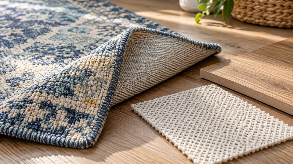 A blue-and-ivory rug folded back beside separate wood-floor and mesh rug-pad samples.