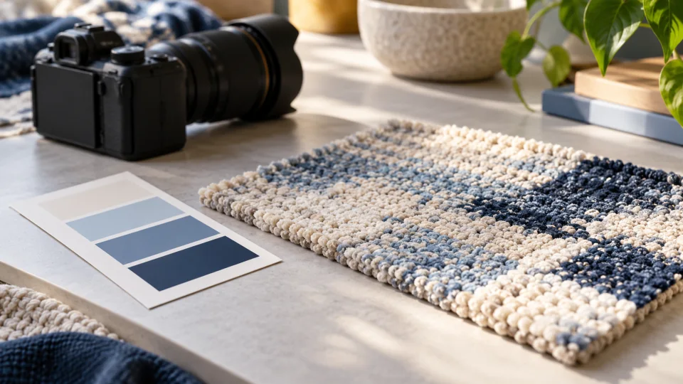 A black camera with its display off, a plain colour-swatch card and a blue-and-ivory rug sample.