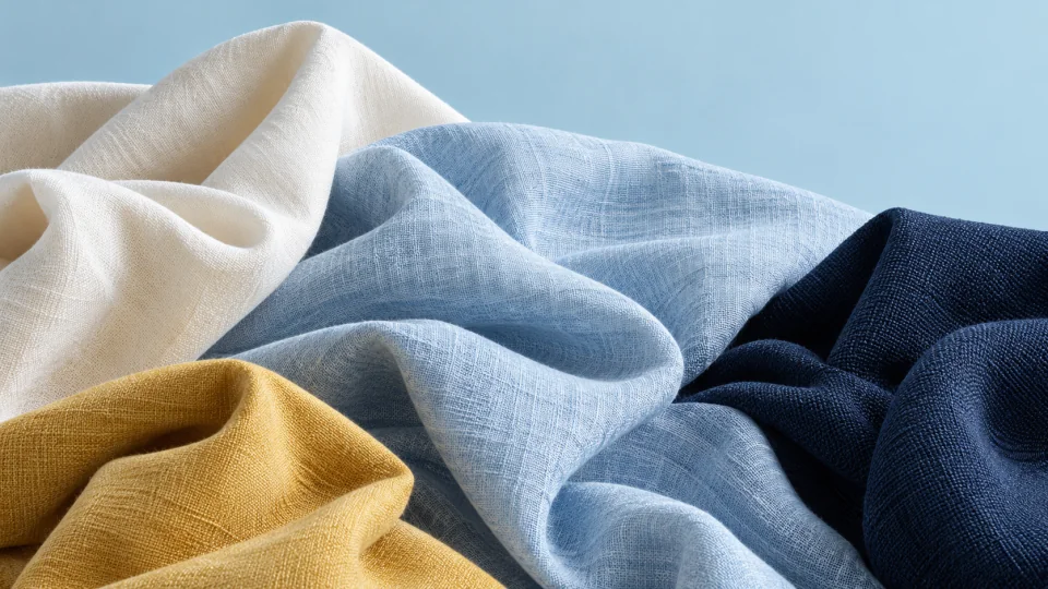 Editorial still life of folded ivory, ice-blue, navy and yellow fabrics on a pale blue background.