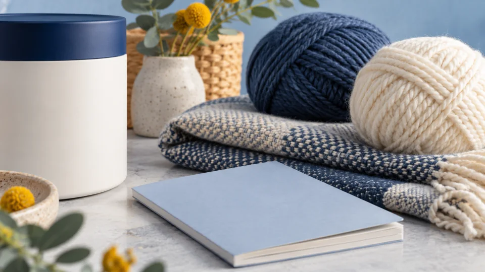 A closed unlabelled container, balls of yarn, folded fabric and a plain blue booklet.