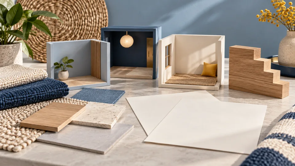 Miniature room models, a wooden stair block, fabric swatches and two blank sheets.
